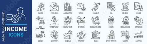Income icon set. Containing money, tax, earnings, payment, accounting, paycheck, work, pension and wages icons. Solid icon collection. Vector illustration.