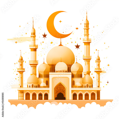 An oriental silhouette of a mosque against a bright watercolor sunset with a large moon. The illustration combines traditional architecture of minarets and domes with expressive colors against a light