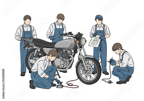 Detailed Line Art Motorbike Repair Crew Teamwork Engineering Illustration