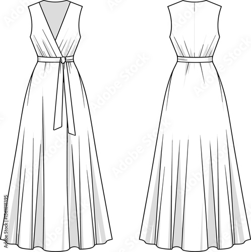  Stylish Women's Maxi Wrap Dress Cad Drawing Flat Vector Illustration, Elegant Apparel Template for Fashion Design, Evening Wear and Clothing Collections