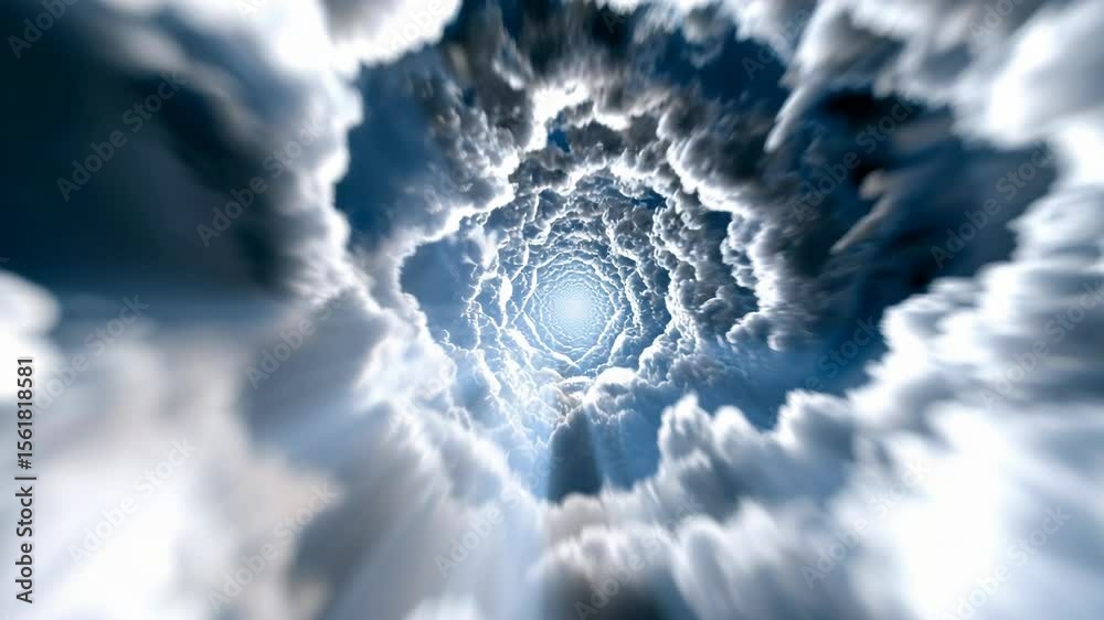 A tunnel of fluffy clouds that seems to be leading towards a bright light at the end. The image evokes a sense of wonder and mystery
