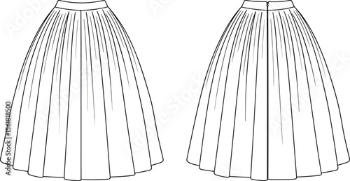 Stylish Women's Pleated Full Skirt Cad Drawing Flat Vector Illustration, Fashionable Apparel Template for Modern Clothing Collection and Technical Design Projects