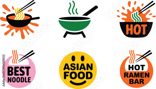 Asian food logo designs collection for restaurant and bar with hot ramen noodle and stir fry wok icons