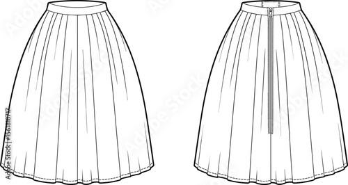  Stylish Women's Pleated Skirt Cad Drawing Flat Vector Illustration, Fashionable Apparel Template for Modern Clothing Collection and Technical Design Projects