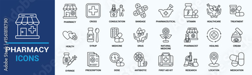 Pharmacy icon set. Medicine, bandage, medication, prescription, treatment, health and syringe symbol. Solid icons vector collection.