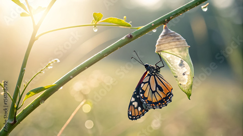 Freshly emerged monarch butterfly clings to its chrysalis in soft morning light, symbolizing transformation, rebirth, and new beginnings.
