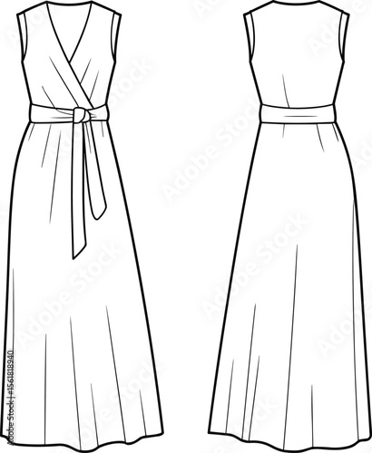 Stylish Women's Sleeveless Maxi Wrap Dress Cad Drawing Flat Vector Illustration, Elegant Apparel Template for Fashion Design, Evening Wear and Clothing Collections
