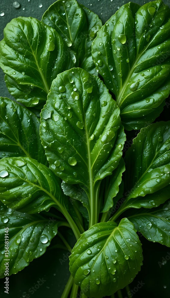 Fototapeta premium Vibrant Fresh Spinach Leaves with Water Droplets, High Detail Top View