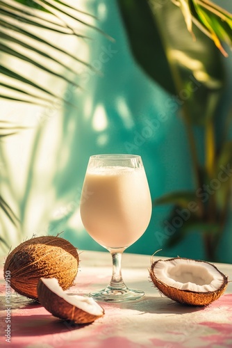 Refreshing coconut drink served in a glass, surrounded by fresh coconuts and tropical foliage in a bright setting. Place for text