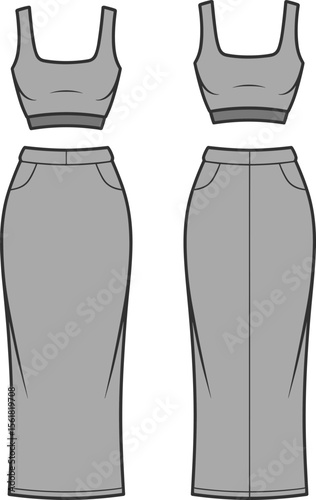 Stylish Women's Two Piece Set Cad Drawing Flat Vector Illustration, Fashionable Crop Top and Midi Skirt Apparel Template for Modern Clothing Collection Design