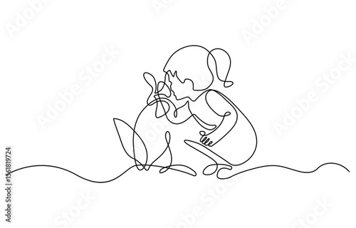 Child smelling flower in continuous line art drawing style. Small girl squatted down to sniff the fragrant flower. Black linear sketch isolated on white background. Vector illustration