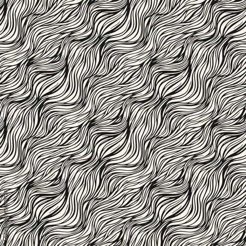 Vector seamless pattern with organic shapes, liquid lines, waves, fibers, threads, biological structures. Abstract diagonal tangled line background. Black and white natural texture. Endless design
