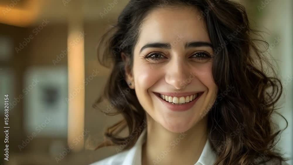 Portrait of a smiling woman with curly dark hair wearing a white collared shirt indoors near a window