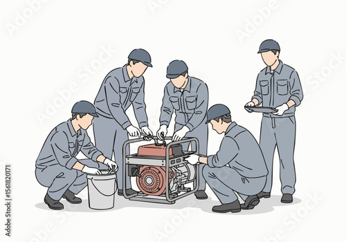 Flat Illustration Group of Technician Fixing Generator Set Engine Machine