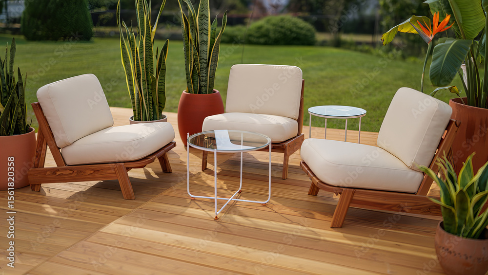 Fototapeta premium Modern Outdoor Lounge Set with White Cushioned Chairs and Side Tables on Wooden Deck, Cozy Garden Seating Area with Potted Plants