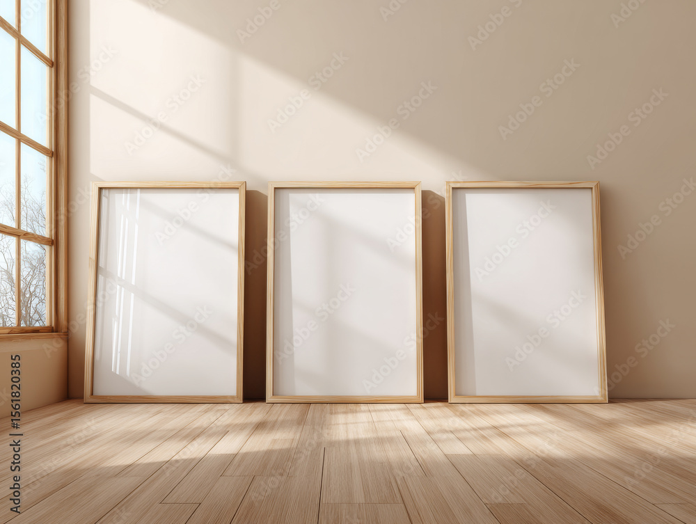 Obraz premium Ai Generated Aesthetic Closeup of Three Gold Brass Blank A4 ISO Paper Wall Art Frames With Shadows and Reflection For a Mockup Standing on the Wooden Floor against Minimalistic White Wall