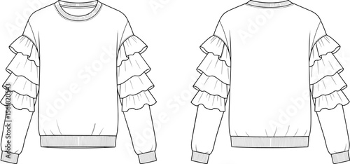 Trendy ruffle sleeve sweatshirt fashion flat sketch, stylish women's top design, fashion illustration template, casual wear garment drawing flat vector illustration