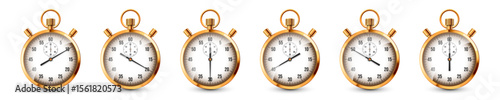 Realistic classic stopwatch. Shiny golden metal chronometer, time counter with dial. Countdown timer showing minutes and seconds. Time measurement for sport, start, finish. Vector illustration