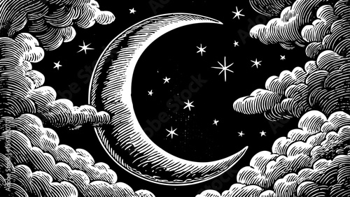 Whimsical crescent moon framed by fluffy clouds and tiny twinkling stars, perfect for children’s books, astrology blogs, sleep‑clinic posters and dainty tattoos, a black and white line art