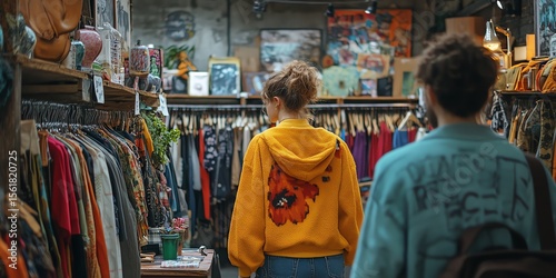 Young Woman Wearing Yellow Hoodie Shopping in Vintage Clothing Store