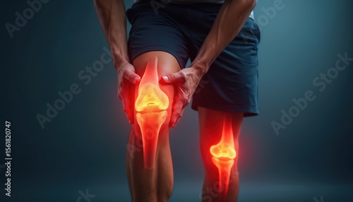 Man holds painful knees with glowing red-yellow bones. Injury joint pain concept. Athlete feels pain in patella. Health care needs recovery rehabilitation after sport trauma. Medical assistance.