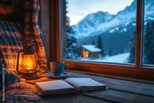 Cozy Cabin Interior with Lantern and Coffee Mug Facing Snowy Mountain View