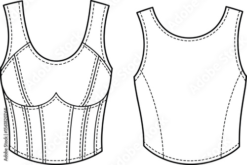 Stylish Bustier Crop Top Cad Drawing Flat Vector Illustration, Fashionable Apparel Design Template for Women's Modern Clothing Collection and Technical Fashion