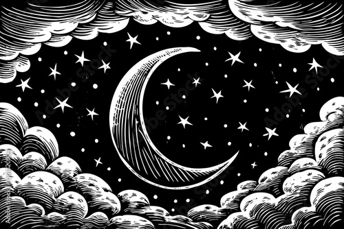 Whimsical crescent moon framed by fluffy clouds and tiny twinkling stars, perfect for children’s books, astrology blogs, sleep‑clinic posters and dainty tattoos, a black and white line art