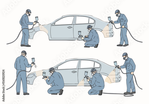 Line Art Detailed Car Painting Process with Professionals Illustration