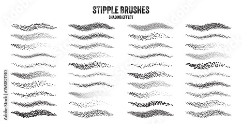 Ink scatter brush, stipple drawing and texturing. Fading gradient. Stippling, dotwork drawing, shading using dots. Halftone disintegration effect. White noise grainy texture. Vector illustration