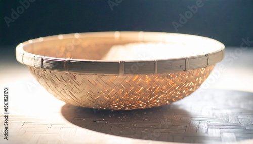 Close-up detail of a round, empty woven bamboo basket illuminated by strong sunlight. The natural light creates beautiful patterns and shadows, highlighting the texture and traditional craftsmanship 