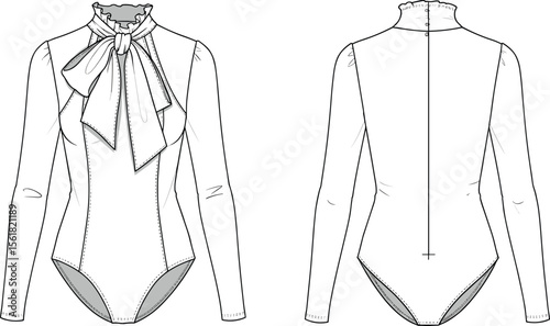  Elegant women’s bodysuit technical sketch with bow tie, ruffle neckline, long sleeves, back view, fashion flat drawing template

flat vector illustration