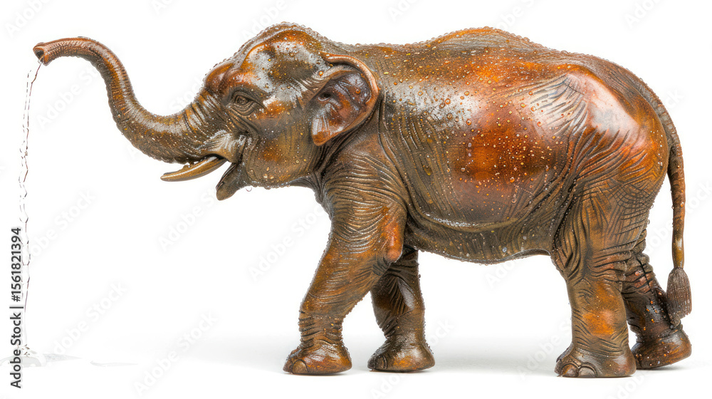 Fototapeta premium Brown ceramic elephant sculpture pouring water from trunk, showcasing intricate details and vibrant texture, perfect for decorative purposes and collections