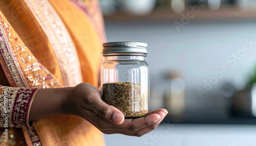 A person in traditional Indian attire holds a clear glass jar filled with aromatic spices. This image evokes themes of home cooking, cultural cuisine, and healthy ingredients, perfect for food blogs,