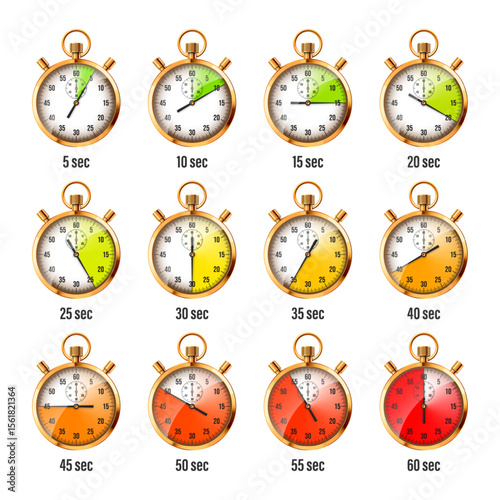 Realistic classic stopwatch. Shiny golden metal chronometer, time counter with dial. Colorful countdown timer showing minutes, seconds. Time measurement for sport, start, finish. Vector illustration