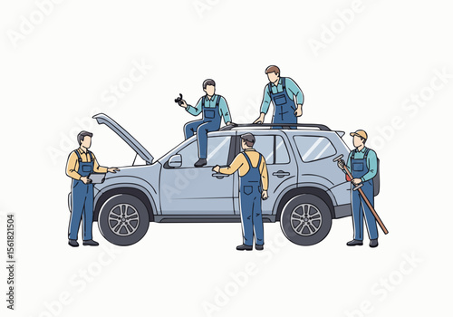 Line Art Mechanic Team Inspecting Car for Repair Service Illustration