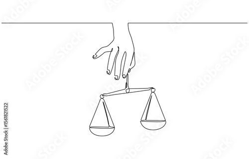 One single line drawing of hand holding weight scale symbol for world day of social justice, Hand holding gavel law balance and scale of justice equilibrium equality judgment. Libra icon one line 