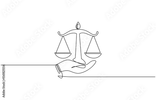 One single line drawing of hand holding weight scale symbol for world day of social justice, Hand holding gavel law balance and scale of justice equilibrium equality judgment. Libra icon one line 