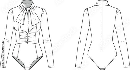  Fashion bodysuit flat sketch with bow tie, ruched front, long sleeves, high neck, technical drawing, vector template design flat vector illustration