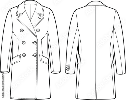 Stylish Double Breasted Coat Cad Drawing Flat Vector Illustration, Fashionable Outerwear Apparel Template for Men's and Women's Clothing Collection and Technical Design