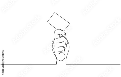 Continuous one line drawing of hand holding credit card. Contactless bank card in hand, Hand holding credit card in a continuous one line drawing style. Editable line vector illustration.