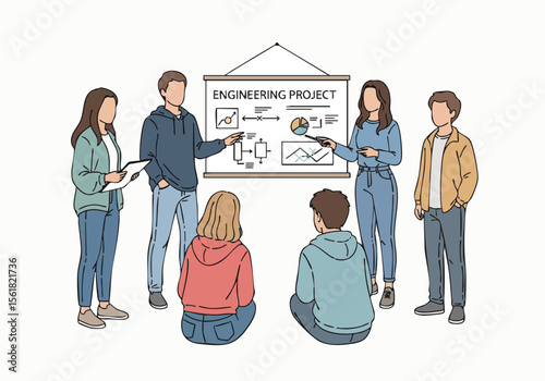Flat Handdrawn Engineering Project Presentation with Group of Young People Illustration
