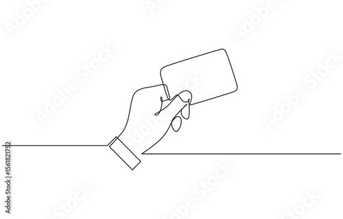 Continuous one line drawing of hand holding credit card. Contactless bank card in hand, Hand holding credit card in a continuous one line drawing style. Editable line vector illustration.