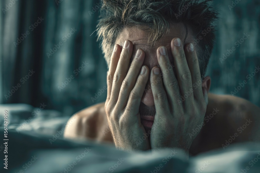 Fototapeta premium Man covering face with hands at home on bed in bedroom. Concept of nightmares and anxiety, man depressed, stress and apathy