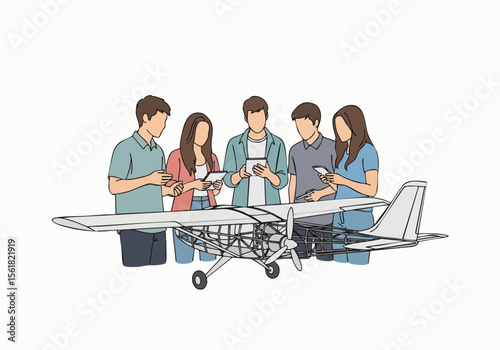 Modern Line Art Group of Young People Observing Airplane Model Design