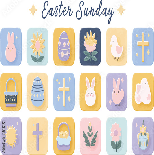Celebrate springtime joy with this whimsical Easter Sunday design, featuring bunnies, eggs, flowers, and religious crosses.