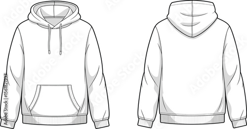 CAD drawing flat vector illustration of blank white hoodie template, front and back view, fashion clothing design, apparel sketch, sweatshirt mockup image