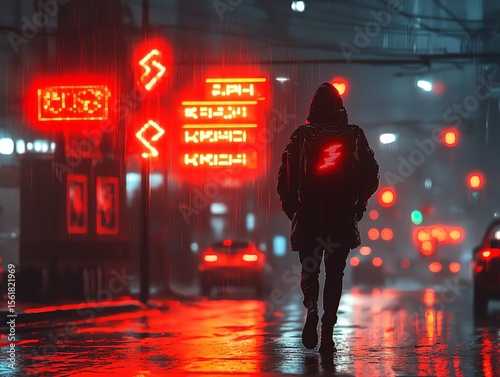 Young Man Walking in Rainy Urban Night Scene with Bright Neon Red Lights