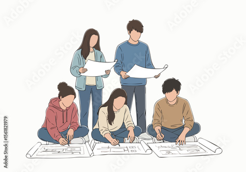 Minimalist Line Art Young Architects Collaborating on a Project Drawing