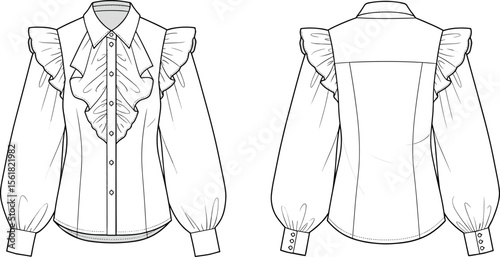  Detailed flat sketch of ruffle blouse with puff sleeves, button-down shirt template for women fashion design, technical garment illustration flat vector illustration